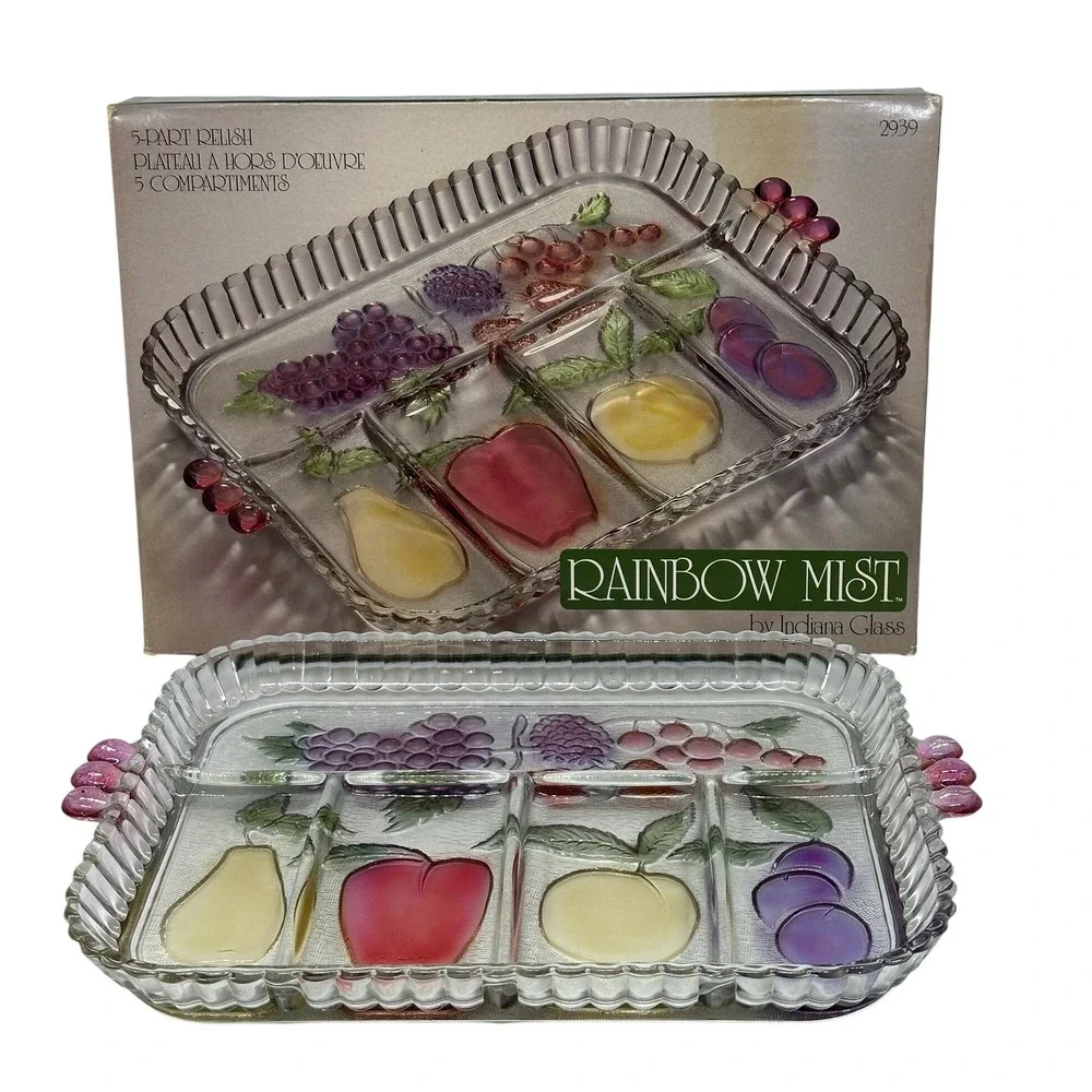 VTG Indiana Glass Rainbow Mist 5 Part Relish Tray Fruit Frosted Clear Platter